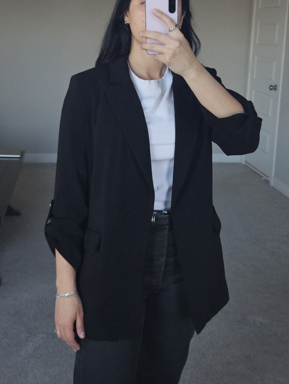 T Tahari Black Women's Longline Blazer with Rolled Sleeves